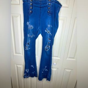 Custom distress stretch high waisted bell bottom jeans